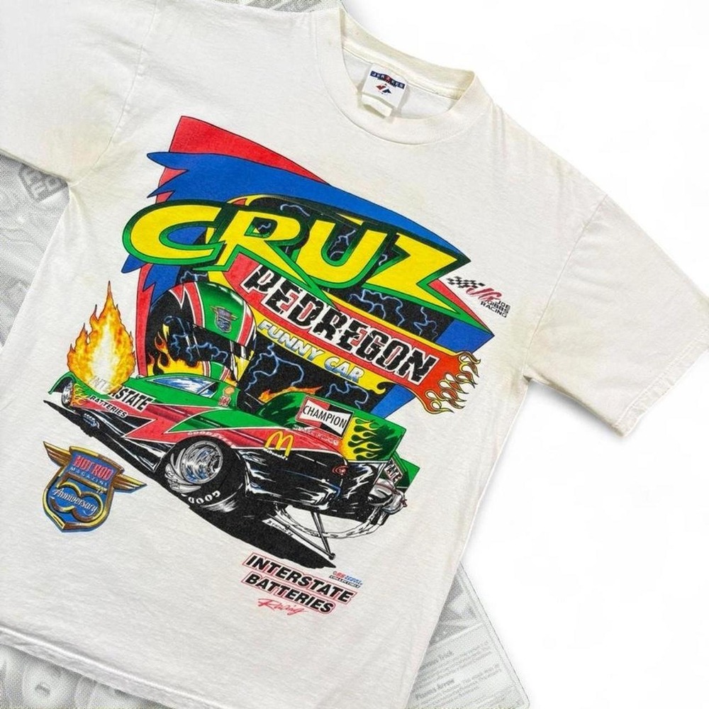 Vintage 90’s Cruz Pedregon Funny Car Flames & Lightning Nascar Graphic Tee Shirt